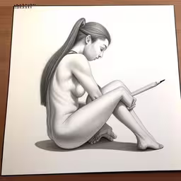 a drawing of a woman using a pen,a drawing of a naked woman holding a pen