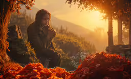 a man kneeling down with his hands together