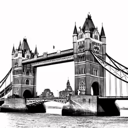 black and white photograph of a bridge spanning the river thames