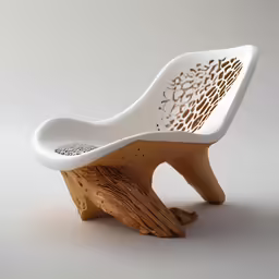 a unique wooden chair sits on an isolated platform