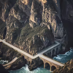 an aerial view of a bridge in the ocean and mountains