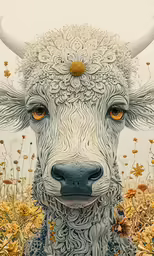 a cow is standing in the grass and flowers