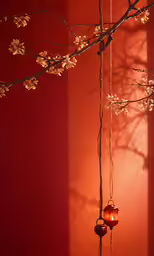 two hanging candles next to a tree in front of a wall