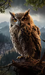 an owl sitting on top of a dead branch