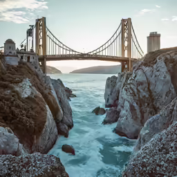 a view of a suspension bridge over a body of water