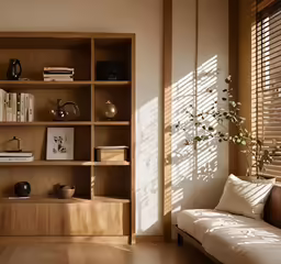a couch sitting in a living room under wooden blinds