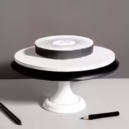 a white and black cake plate sitting on a round platter next to a pencil