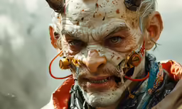 a close up shot of an evil looking man