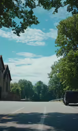 two vehicles are parked on the street beside a row of trees