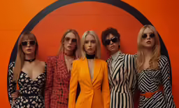four women wearing dress and glasses pose for a photograph