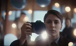 a woman holding a camera in front of a large mirror