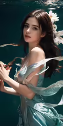 a woman wearing a gown underwater with a flower in her hair