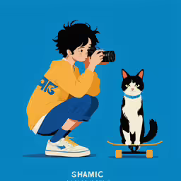 the person is taking pictures of the cat on the skateboard