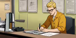 an image of a man working at a desk,a man is taking notes at a desk