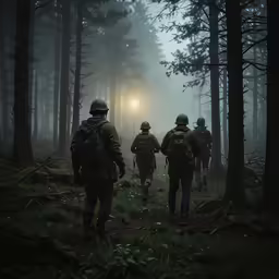 a group of people in the woods walking on foggy path