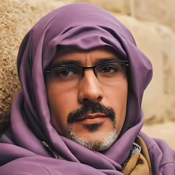 the head and shoulders of an adult male wearing a purple headscarf