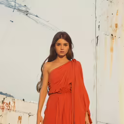 a model on the runway in an orange gown