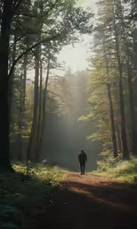 a man walks down a forest trail with the sun shining on the ground