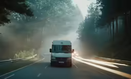 the truck is driving down the road surrounded by trees