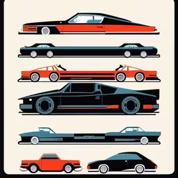 six different cars with the colors of orange, black, and blue,different types of cars are shown in this illustration,four different cars in multiple rows against a white background,five different cars, with one being a convertible,an image of retro cars in different colors