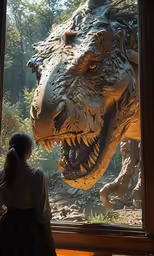 a young girl is standing next to a giant dinosaur