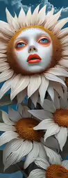 the face of a woman is covered in white and brown petals