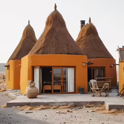 a few thatched roofed homes on a desert like area