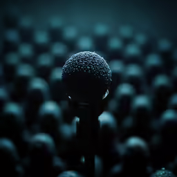 a microphone is in front of a crowd of people