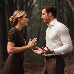 a man and woman are having conversation while walking through the woods