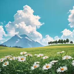 a mountain is in the distance, and several white daisies are on the ground
