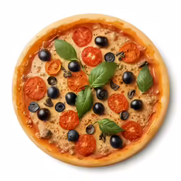 this pizza with lots of fresh blueberries and tomatoes is topped with fresh basil