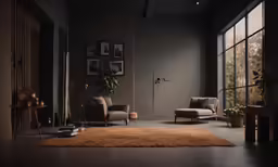 an empty, very dark room has many large windows and furniture