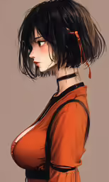 a young woman in an orange dress, wearing short hair and a head piece with her hair pulled back