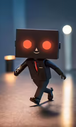 a paper toy with red eyes and a black suit on