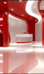 an empty room with red walls and white ceiling