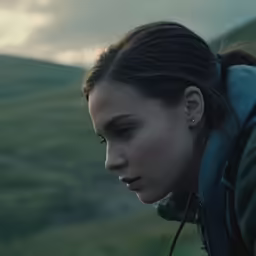 a woman with ear buds is looking down