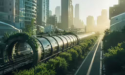 a train driving down tracks near a forest and tall buildings