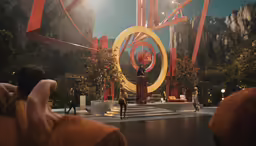 two people are standing in front of a futuristic scene