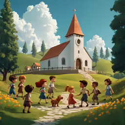 a painting of children walking towards a small church