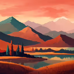 a picture of a lake and mountains with a sunset,a landscape with mountains and lakes on a red sky day