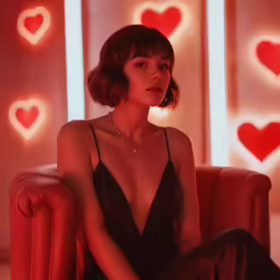 a woman sitting on a chair with a very small necklace