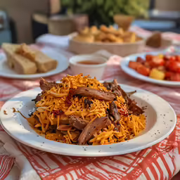 a white plate full of food sits on a table with other plates of food