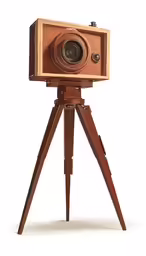 a wooden tripod camera with one eye closed and the other on an angled tripod