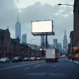 an empty city street in the evening with traffic