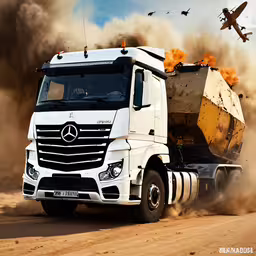 there is a large white truck that has dirt everywhere,a big truck driving down a dirt road