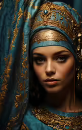 a woman is dressed up in a golden, blue and gold costume