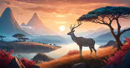 a painting with animals, mountains and water in the background