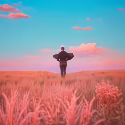 a person with a surfboard standing in an open field