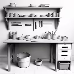 many pots are sitting on the shelf above the kitchen desk