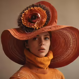 a young lady in orange is wearing a hat with an orange flower